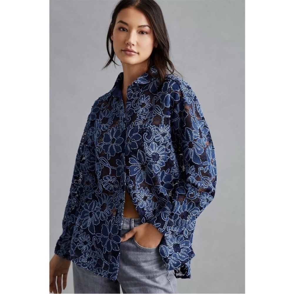 Pilcro Anthropologie Navy Blue Sheer Lace Button Down Shirt Size XS